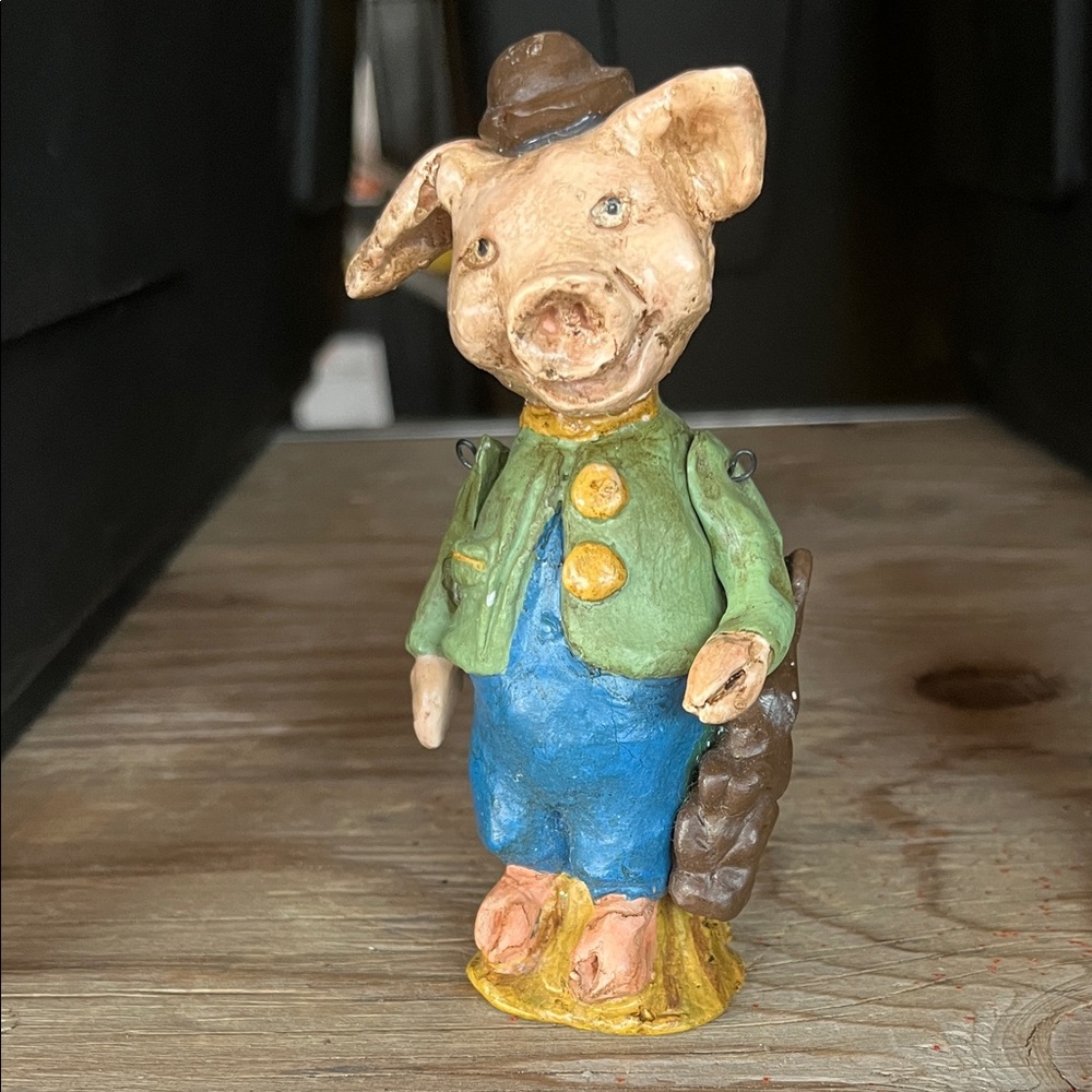 Bethany Lowe Pig Figurine in Green and Blue Outfit